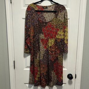 R&B Collection ~ Multicolor Peacock Scoop Neck Long Sleeve Dress ~ 2XL